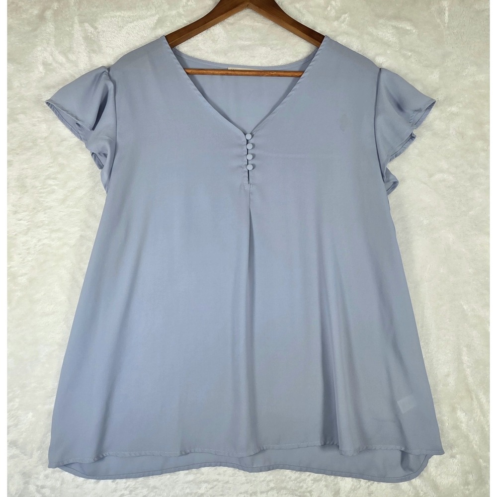 Active USA Dusty Blue Ruffle Cap Sleeve Blouse Womens 2XL V-Neck T71283ASST
